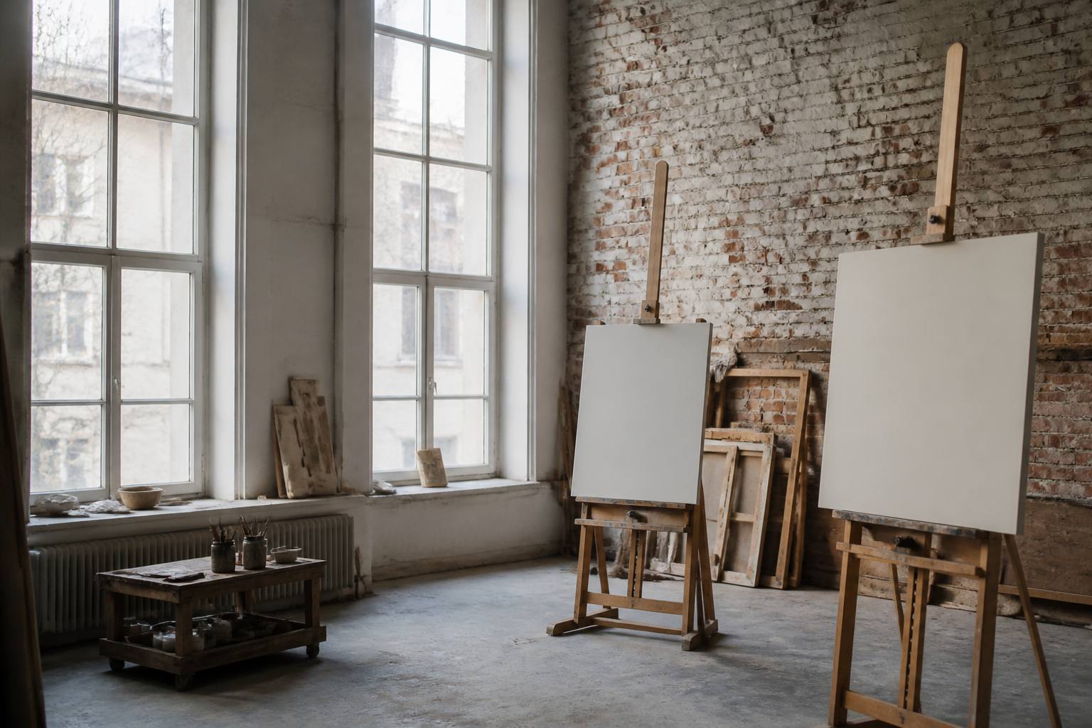 Wooden easels with paintings in a bright Tallinn art studio