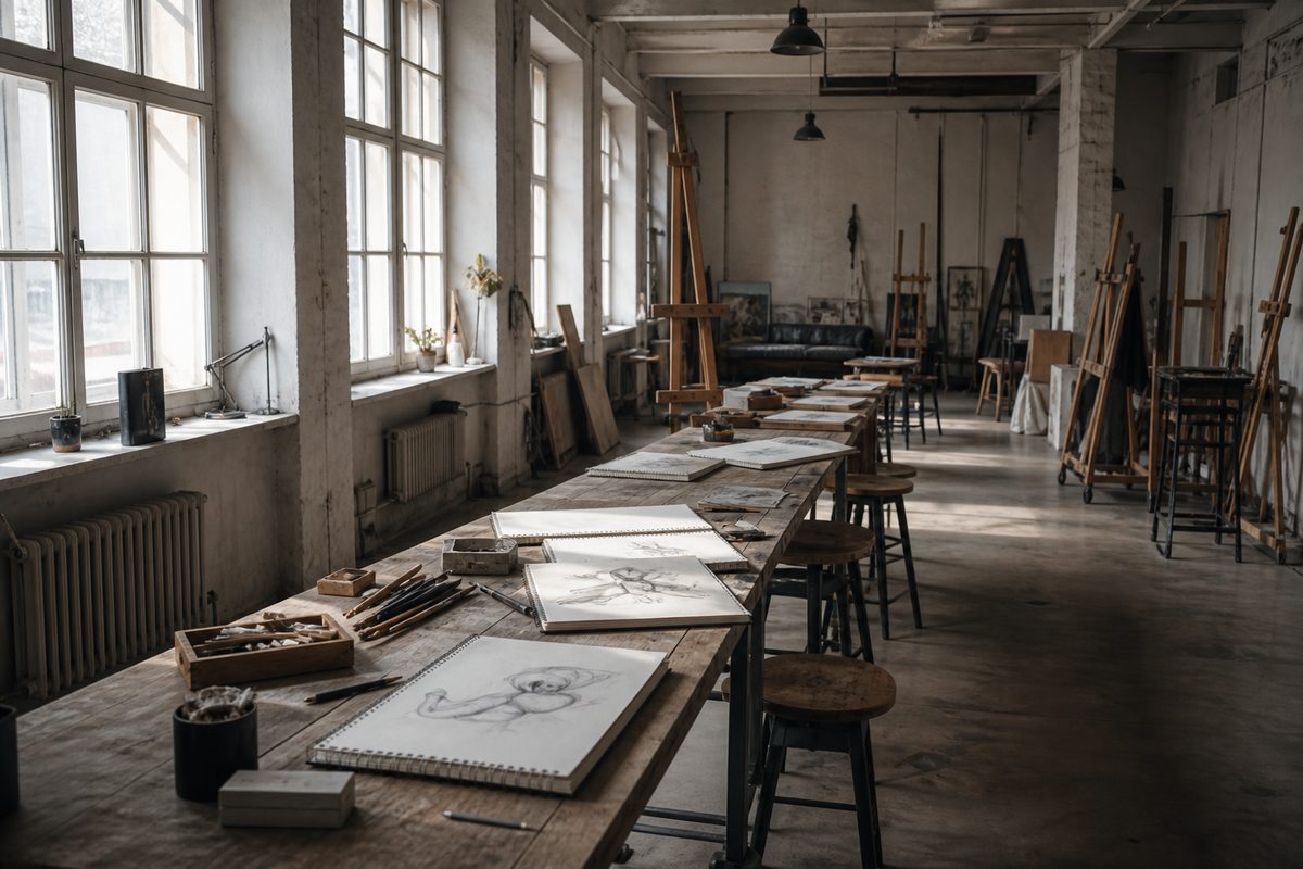 Long drawing table with sketchbooks, brushes, and easels in a Telliskivi studio