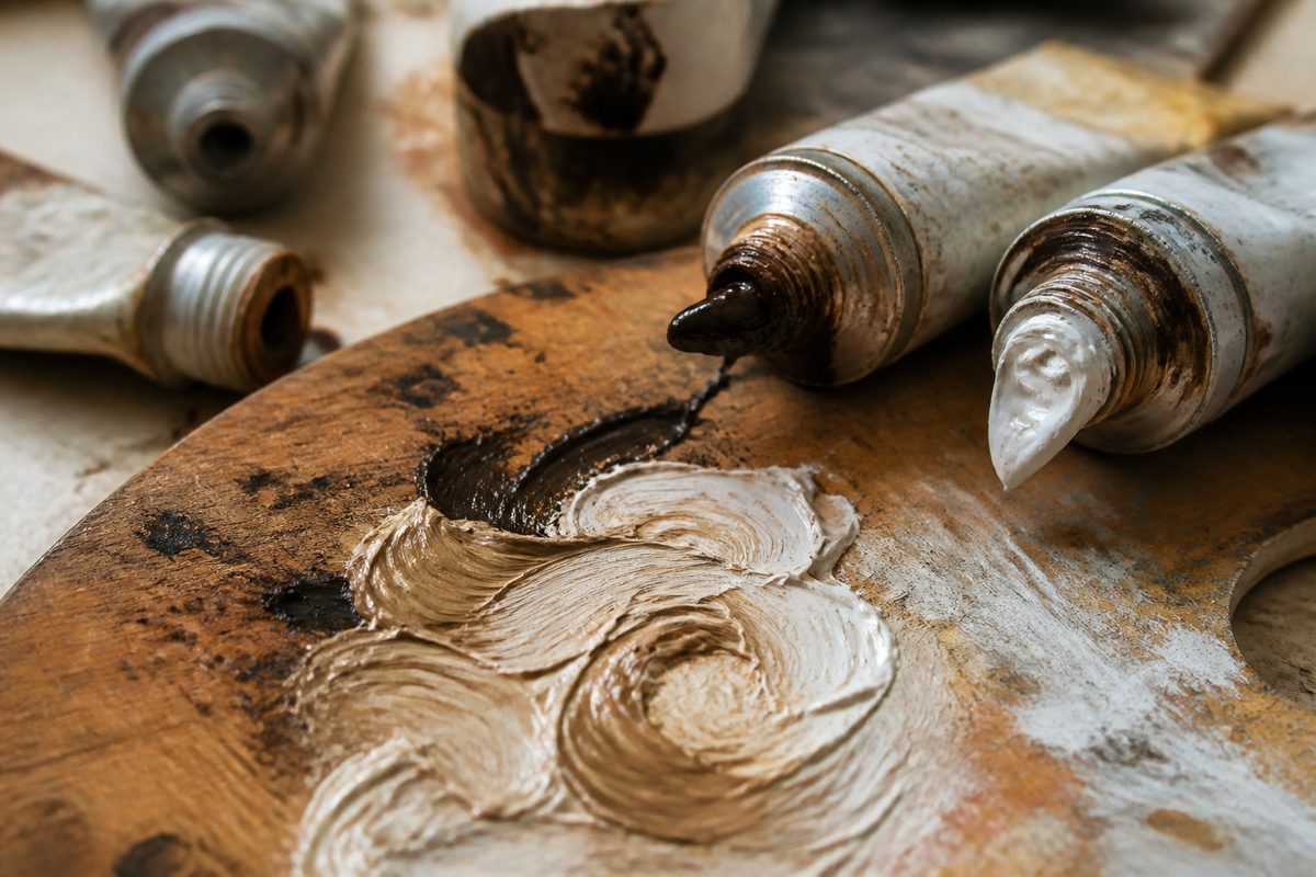 Umber and chalk paint washes on a board beside brushes